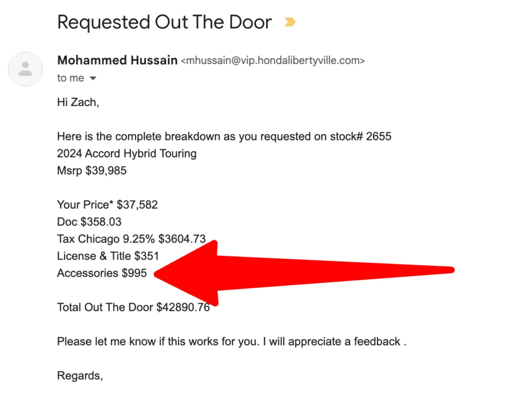 honda dealer adding accessories to out the door price