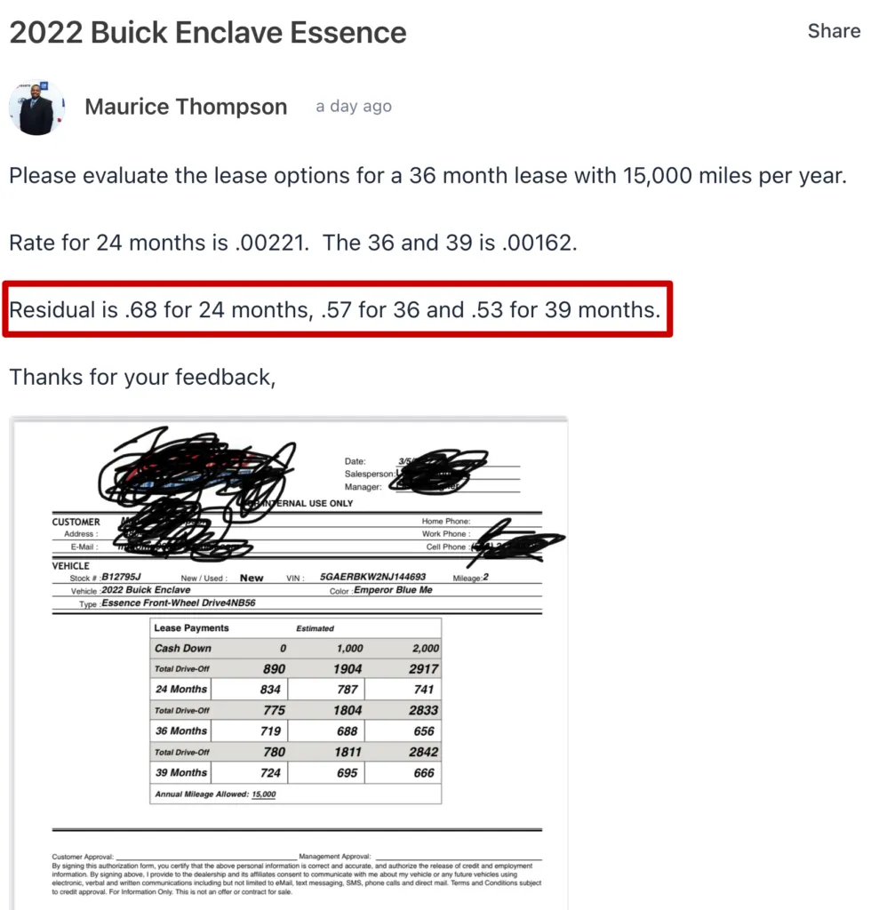 lease with multiple residual values example