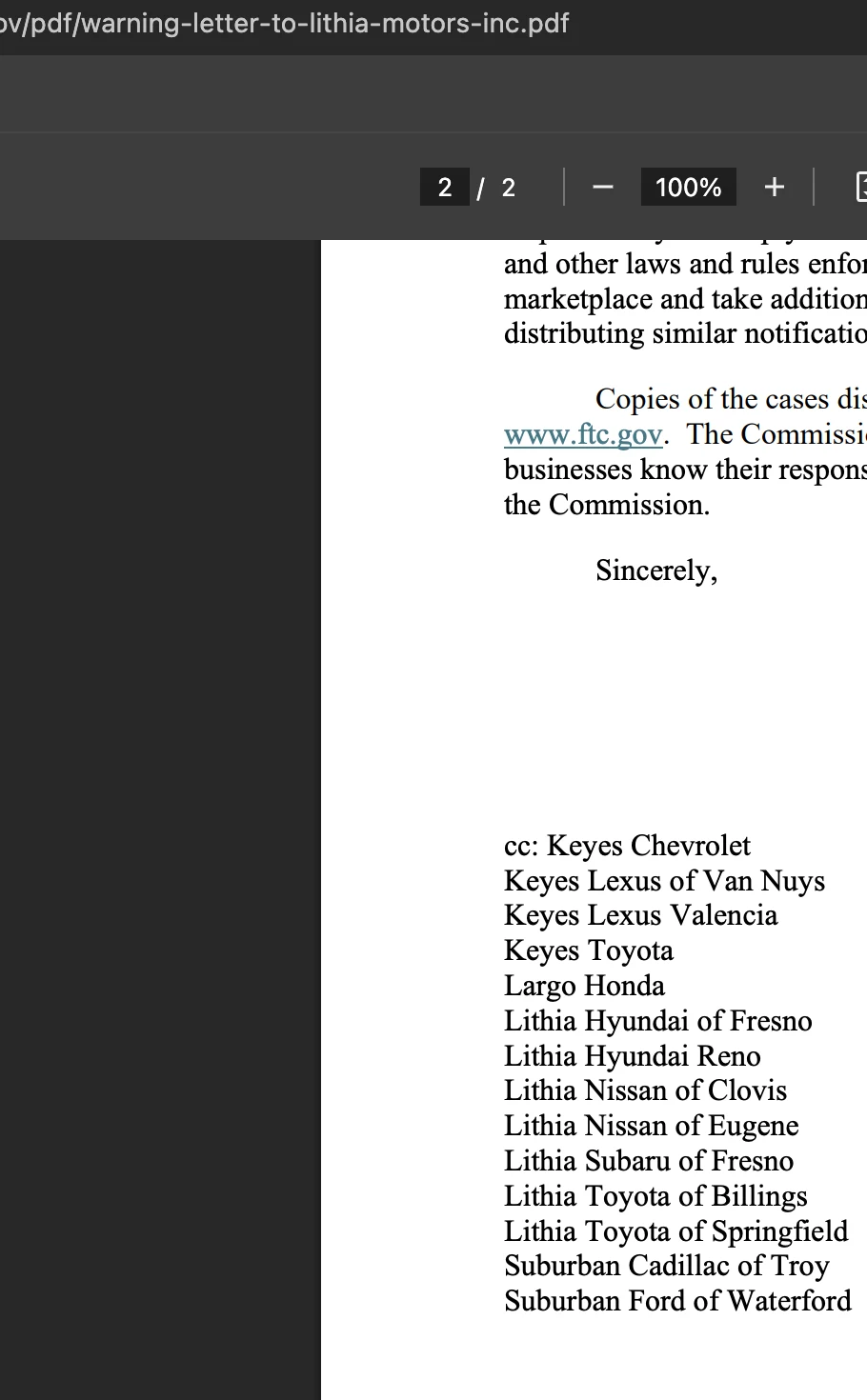 The cc: section at the bottom of page 2 of the FTC's warning letter to Lithia Motors, listing the individual dealerships covered: Keyes Chevrolet, Keyes Lexus of Van Nuys, Keyes Lexus Valencia, Keyes Toyota, Largo Honda, Lithia Hyundai of Fresno, Lithia Hyundai Reno, Lithia Nissan of Clovis, Lithia Nissan of Eugene, Lithia Subaru of Fresno, Lithia Toyota of Billings, Lithia Toyota of Springfield, Suburban Cadillac of Troy, and Suburban Ford of Waterford.