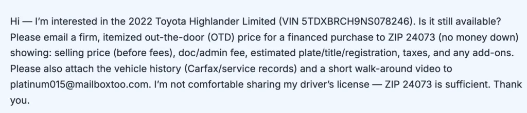 negotiating a used car via email template