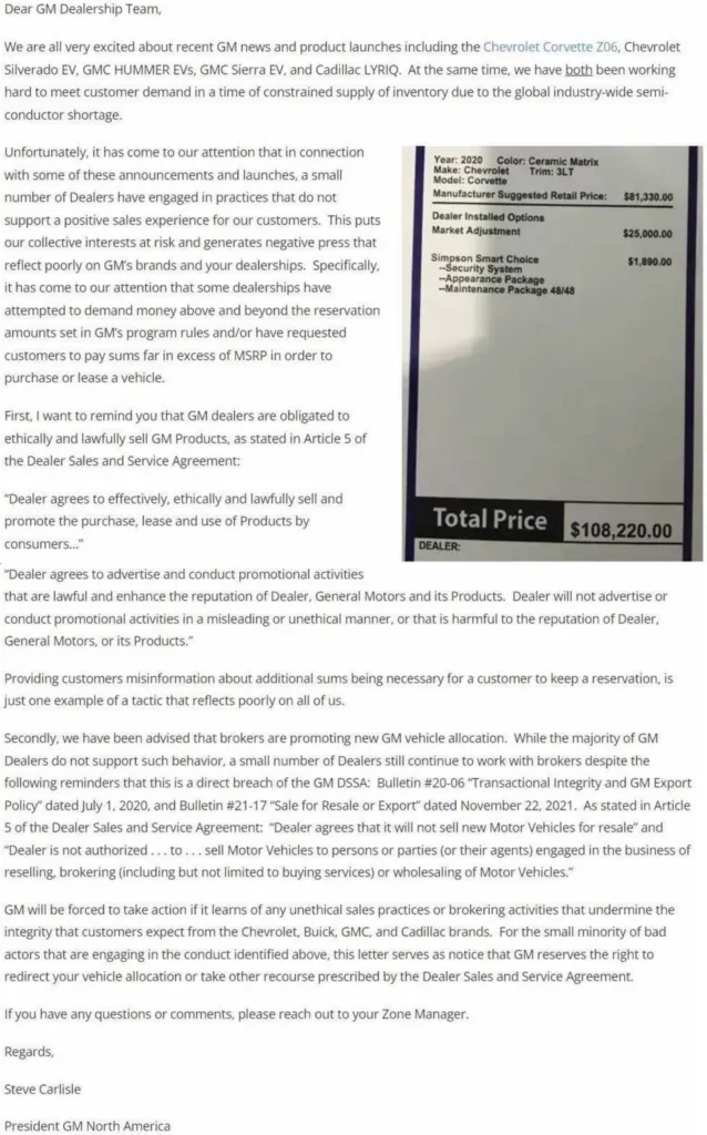GM letter to dealers