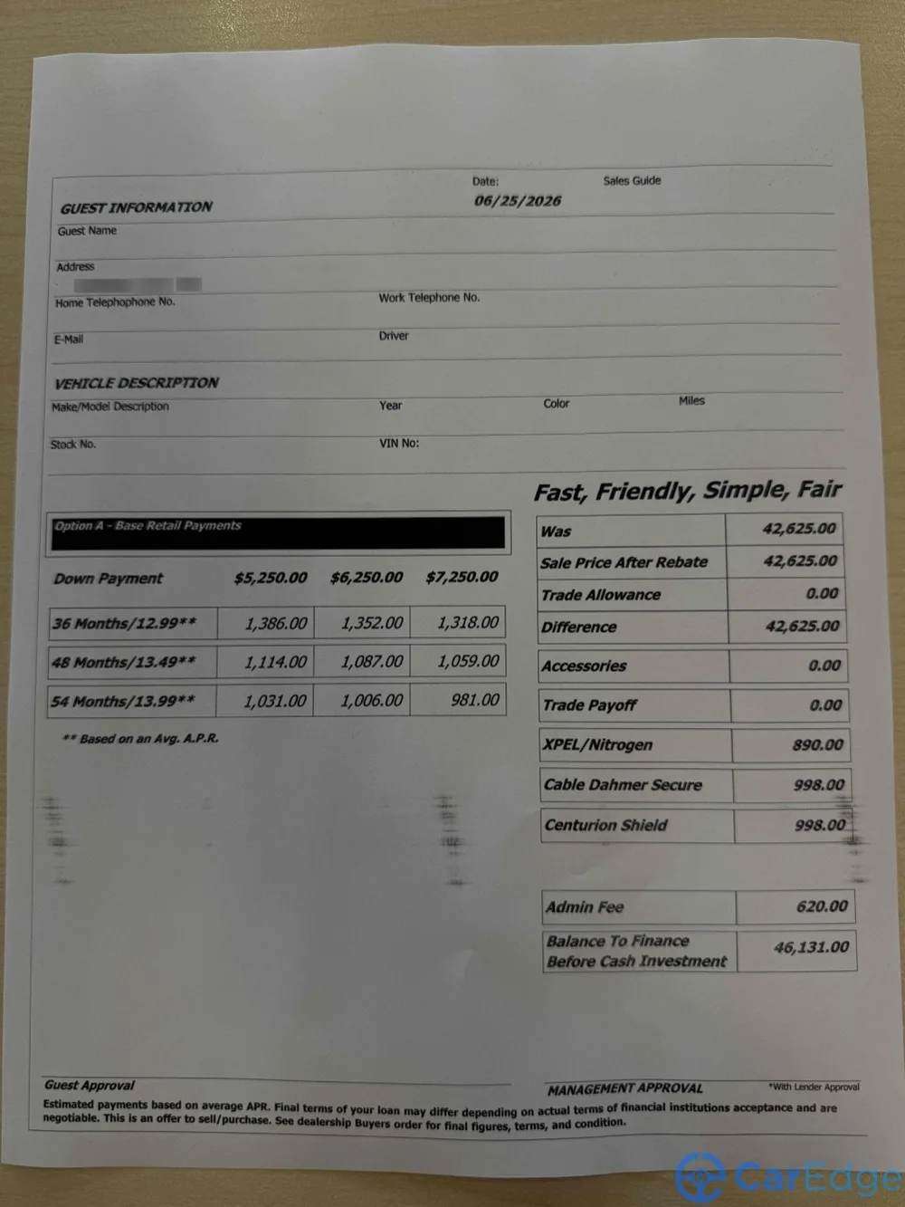 Real dealer worksheet for a 2027 Chevrolet Equinox showing an $890 XPEL/Nitrogen charge plus two protection packages