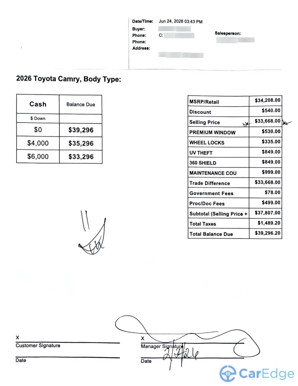 Real dealer out-the-door worksheet for a 2026 Toyota Camry showing $3,562 in stacked add-ons including UV Theft and 360 Shield